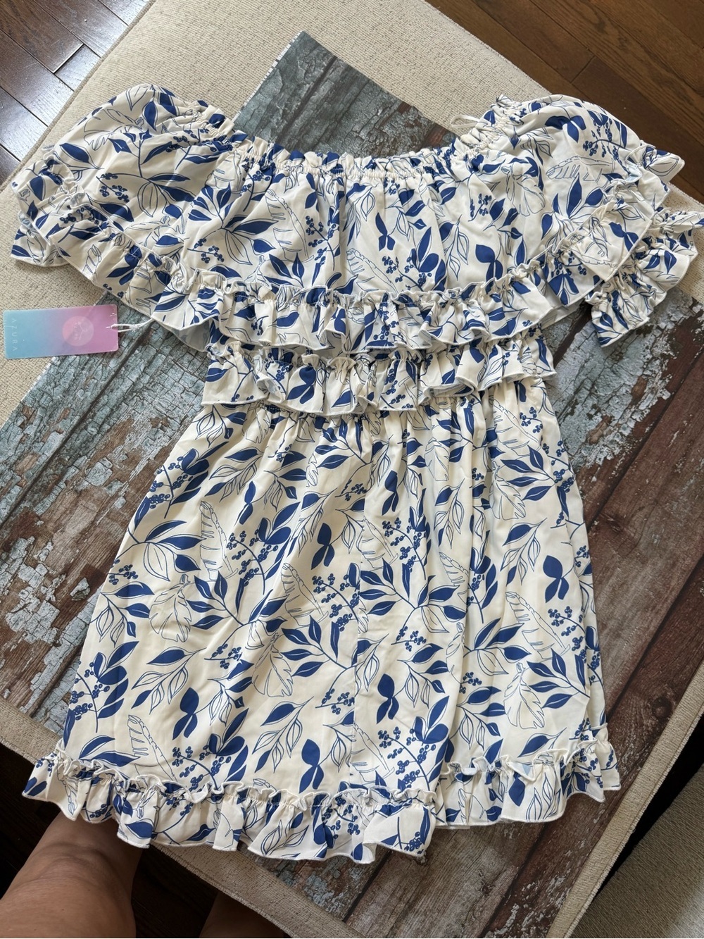 Azure Off-Shoulder Blue Floral Ruffle Women’s Dress size medium BNWT